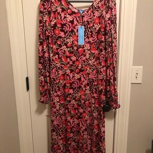 Draper James Vibrant Pink and Red Floral Long Sleeve Dress NWT Large